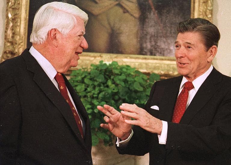 Former President Ronald Reagan, right, talks with House Speaker Thomas "Tip" O'Neill Jr. D-Mass., in the Oval Office of the White House on Nov. 1, 1985. (Scott Stewart/AP)