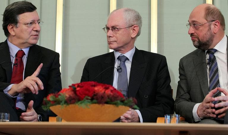 European Council President Herman Van Rompuy (center), European Parliament President Martin Schulz (right) and European Commission President Jose Manuel Barroso (left) address the Nobel Peace Prize media conference, at the Nobel institute in Oslo, Norway, Sunday Dec. 9, 2012. (Yves Logghe/AP)