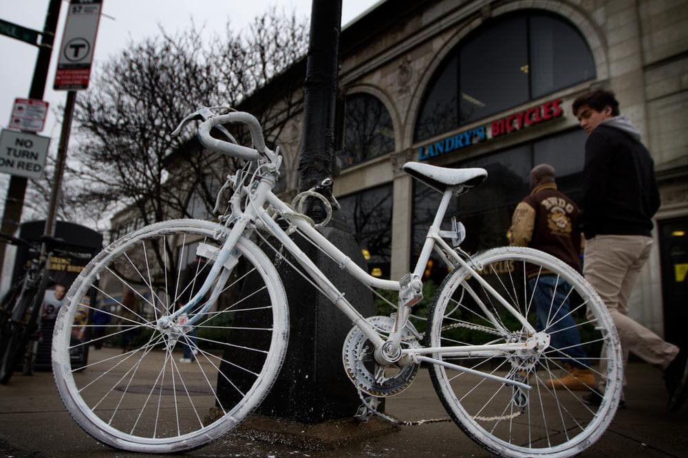 A memorial &quot;ghost bike&quot; is seen on the corner of Commonwealth Avenue and St. Paul Street, where cyclist Christopher Weigl, 23, died on Thursday. (Jesse Costa/WBUR)