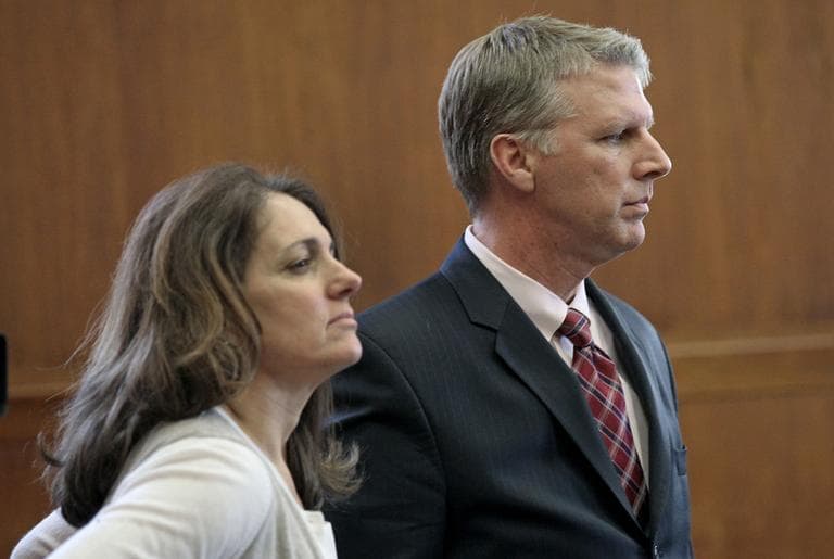 Former Treasurer Tim Cahill stands with his wife Tina during his corruption trial at Suffolk Superior Court in Boston on Tuesday. (The Boston Globe/AP, Pool)