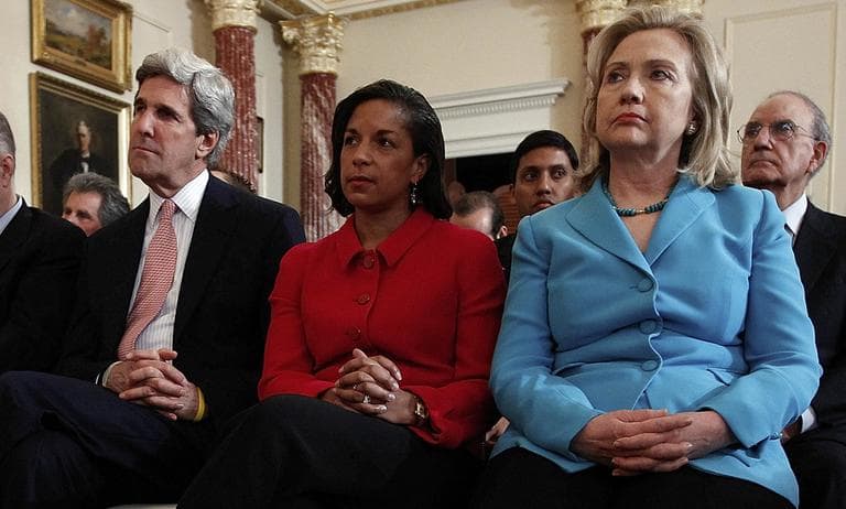 Sen. John Kerry, D-Mass., U.N. Ambassador Susan Rice, and Secretary of State Hillary Clinton listen to President Obama speak at the State Department in May 2011. With Rice withdrawing her name from consideration to succeed Clinton, speculation has turned to Kerry. (Charles Dharapak/AP)