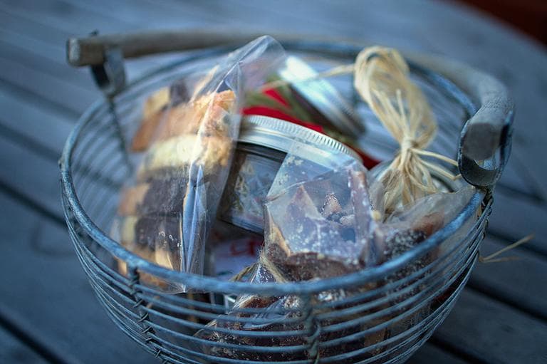 Kathy Gunst filled this basket with homemade holiday treats. (Jesse Costa/WBUR)