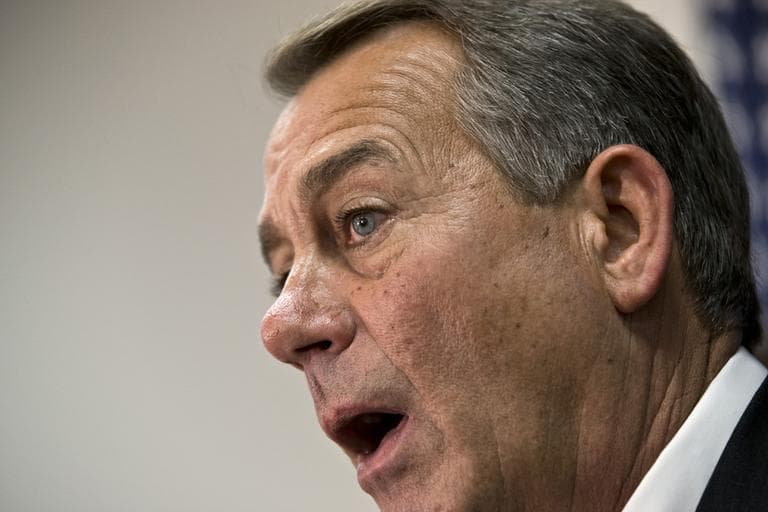 Speaker of the House John Boehner, R-Ohio, joined by the Republican leadership speaks to reporters about the fiscal cliff negotiations with President Obama following a closed-door strategy session, at the Capitol in Washington on Tuesday.  (J. Scott Applewhite/AP)