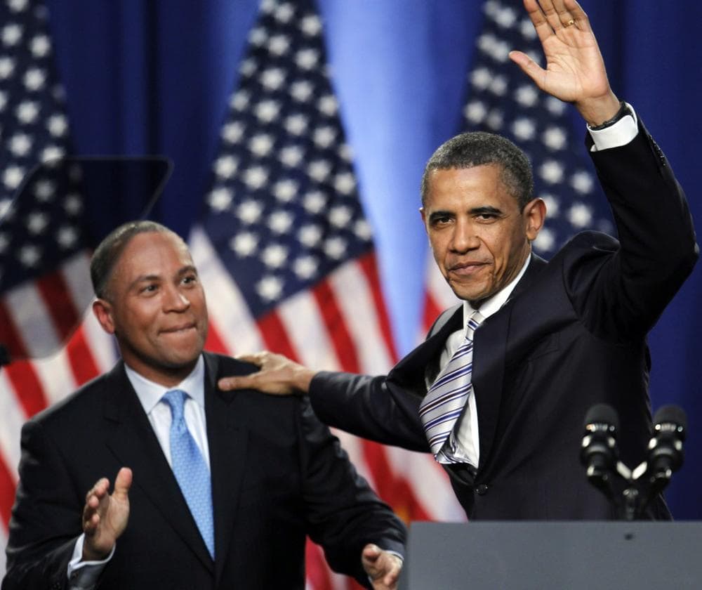 Gov. Patrick introduces President Barack Obama at a fundraising event in Boston, Weds., May 18, 2011. (Steven Senne/AP, File)