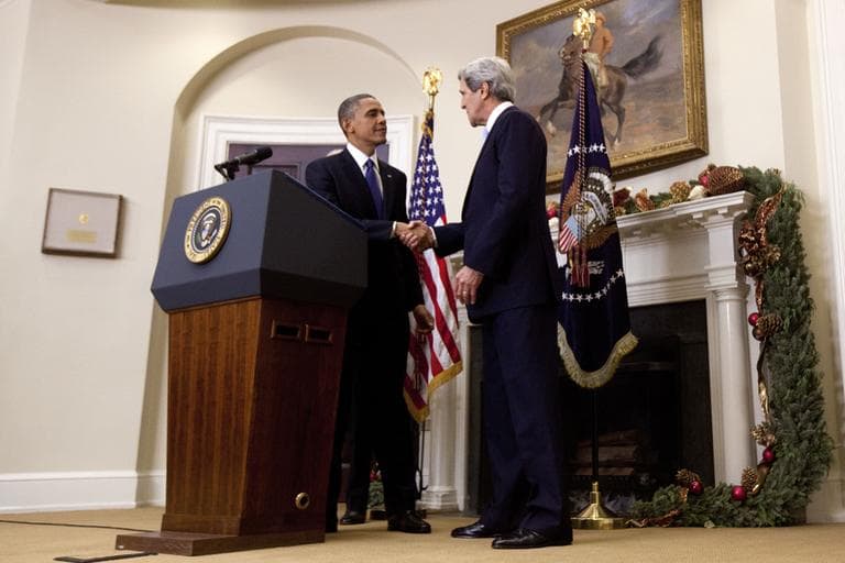 President Obama shakes hands with Sen. John Kerry, his choice to be the next secretary of state,  s he makes his announcement at the White House Friday. (Carolyn Kaster/AP)