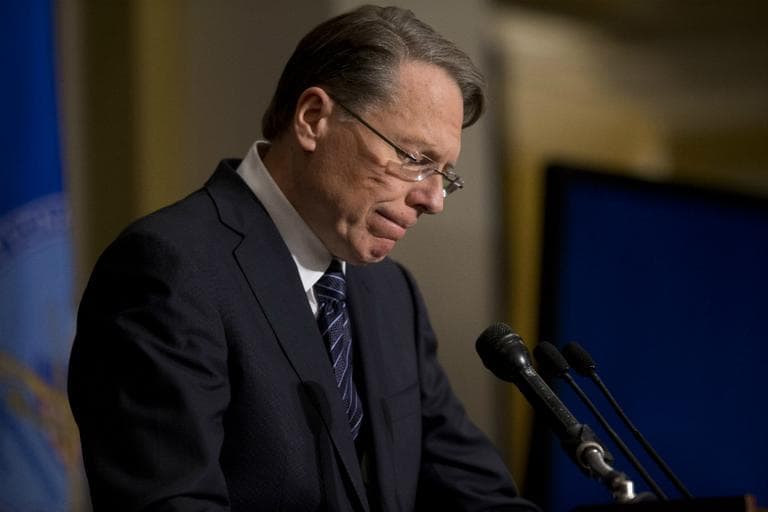 The National Rifle Association executive vice president Wayne LaPierre pauses as he makes a statement during a news conference in response to the Connecticut school shooting, on Friday, Dec. 21, 2012 in Washington. (Evan Vucci/AP)