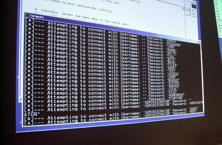 A computer screen shows a password attack in progress at the Norwich University computer security training program in Northfield, Vt. in 2002. (Toby Talbot/AP)