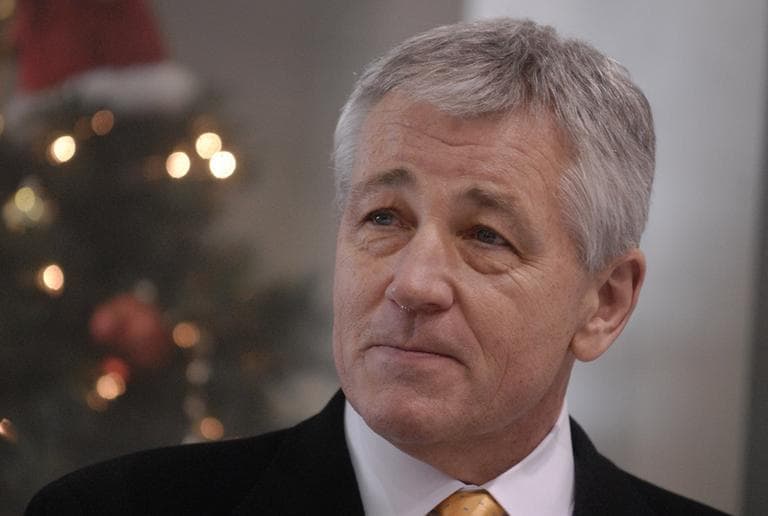 In December 2008, outgoing U.S. Sen. Chuck Hagel talks to supporters at a farewell news conference in Omaha, Neb. (Dave Weaver/AP)