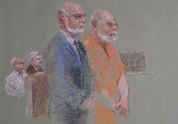 In this July 6, 2011 court sketch, James &quot;Whitey&quot; Bulger, right, enters not guilty pleas in federal court in Boston. (Margaret Small for WBUR)
