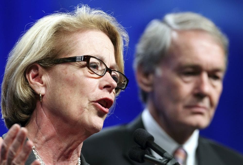 U.S. Rep. Niki Tsongas, D-Mass., left, speaks next to fellow Democrat U.S. Rep. Ed Markey at the Massachusetts Democratic State Convention in Springfield on Saturday, June 2, 2012. (Michael Dwyer/AP)