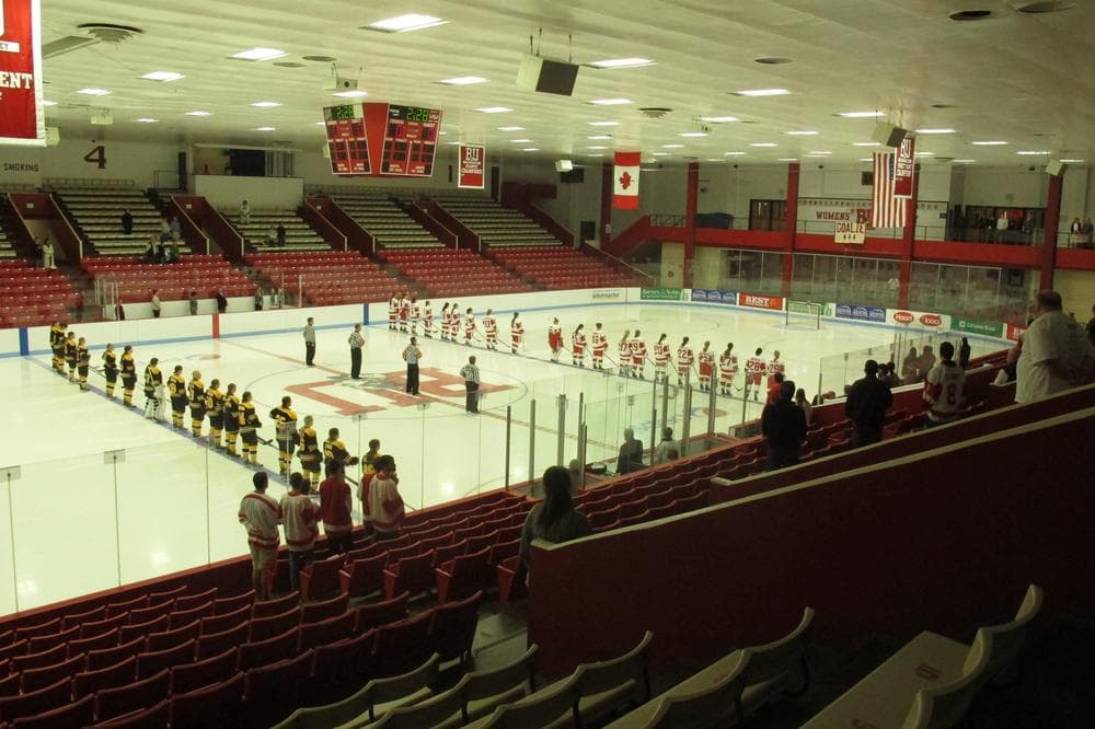 The Boston Blades line up before an exhibition game against BU's women's team on Oct. 6 at the Walter Brown Arena. The pro team plays their home games in Somerville, Mass. (Bill Littlefield/OAG)
