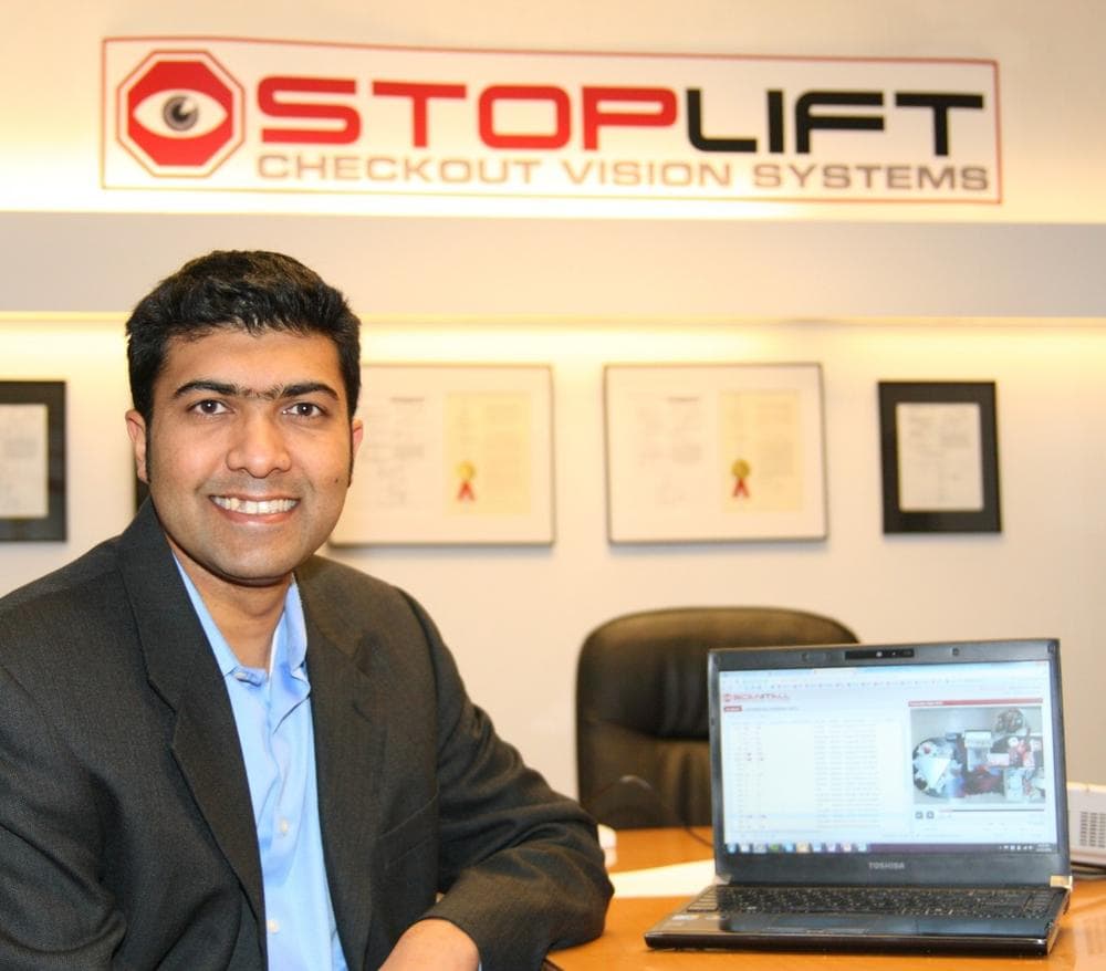 StopLift CEO Malay Kundu at his company's office in Cambridge, Mass. (Courtesy)