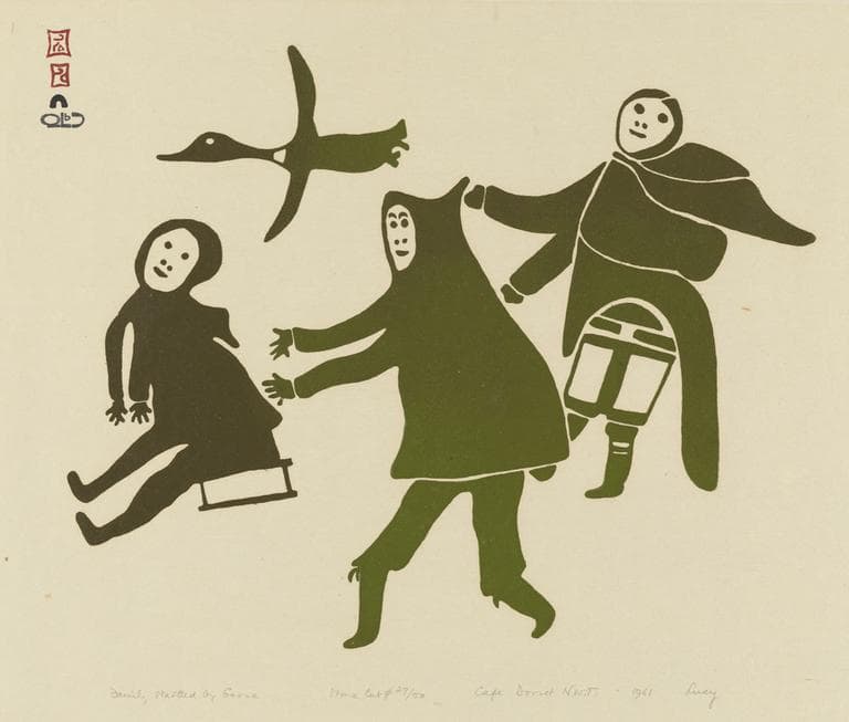 "Family Startled by a Goose," Lucy Qinnuayuak, Kinngait, 1961. Printed by Lukta Qiatsuq. (Artwork courtesy Dorset Fine Arts and the Inuit Art Foundation. Images copyright the President and Fellows of Harvard College.)