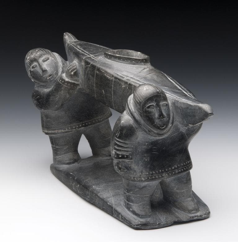 "Men Carrying a Kayak," Peter Qumalu POV Assappa, Puvirnituq, 1959. Photograph by Mark Craig. (Artwork courtesy Dorset Fine Arts and the Inuit Art Foundation. Images copyright the President and Fellows of Harvard College.)