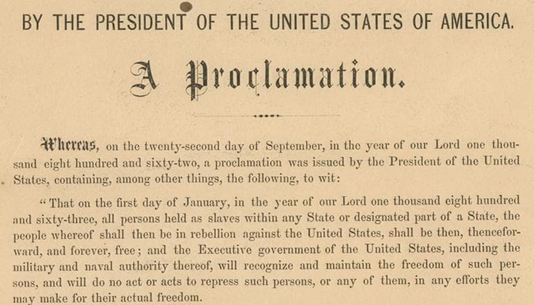 This undated photo shows a detail from the rare original copy of President Abraham Lincoln's Emancipation Proclamation. (Seth Kaller, Inc./AP)