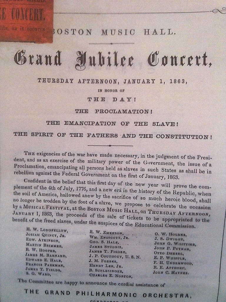The program for a “Grand Jubilee Concert” held at the Boston Music Hall on January 1, 1863. (Massachusetts Historical Society)