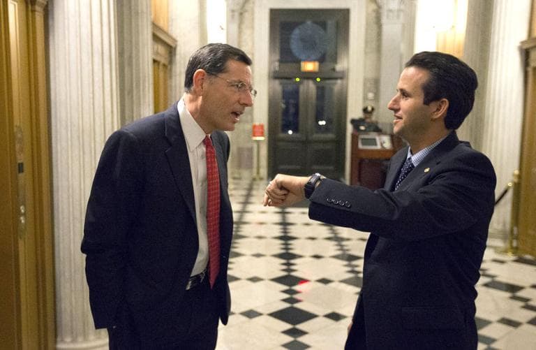 Sen. John Barrasso, left, R-Wyo., talks with Sen. Brian Schatz, D-Hawaii, who holds up his watch, near the Senate chambers after a vote on the fiscal cliff, on Capitol Hill Tuesday, Jan. 1, 2013 in Washington. (AP/Alex Brandon)