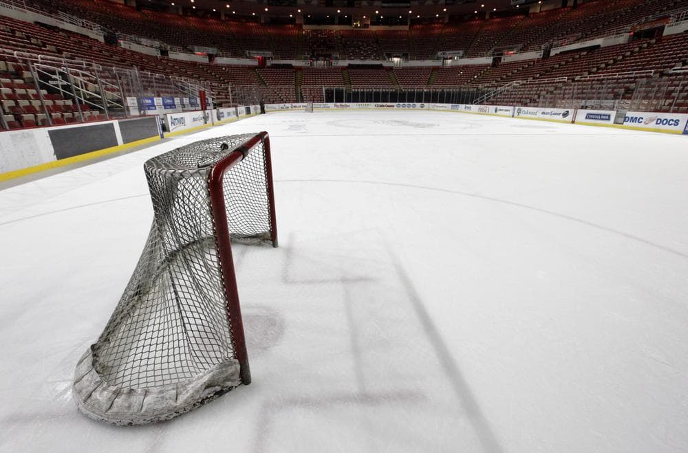 The goal sits on the ice at Joe Louis Arena home of the Detroit Red Wings. (AP/Paul Sancya)