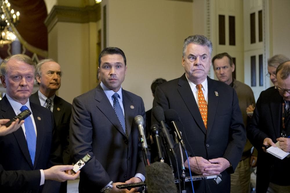 Rep. Peter King, R-N.Y., right, and other lawmakers, speaks to reporters on  Capitol in Washington, Wednesday, Jan. 2, 2013, after a meeting with House Speaker John Boehner of Ohio, over the delayed vote on aid for the victims of Superstorm Sandy. (AP/J. Scott Applewhite)