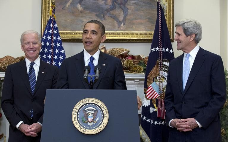 President Obama announces his nomination of Sen. John Kerry, D-Mass., right, as next secretary of state at the White House, on, Dec. 21, 2012. (Carolyn Kaster/AP)