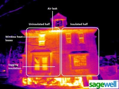 This courtesy image from Sagewell Inc. shows a half-insulated house in Belmont. 