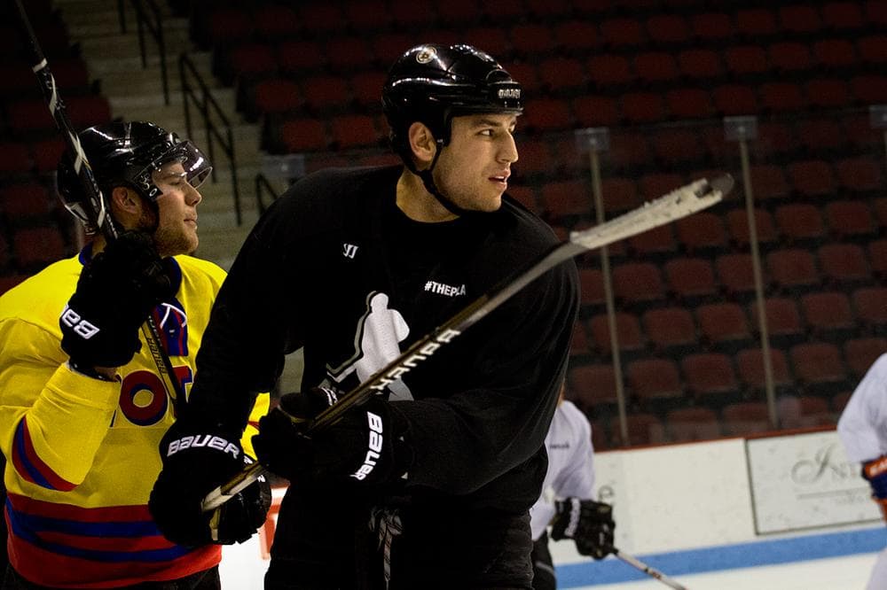 Bruins Tyler Seguin, left, and Milan Lucic during Monday's skate (Jesse Costa/WBUR)