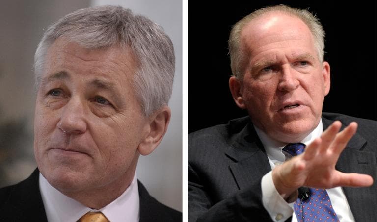 On left, outgoing U.S. Sen. Chuck Hagel is pictured during a farewell news conference in Omaha, Neb. December, 2008.  (Dave Weaver/AP). On right, John Brennan, Assistant to the President for Homeland Security and Counterterrorism, speaks at the Intelligence and National Security Alliance conference in Washington, Wednesday, in September 2011. (Susan Walsh/AP)