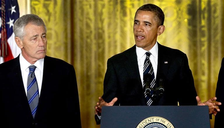 President Obama announces that former Nebraska Sen. Chuck Hagel is his nominee for secretary of defense in the White House Monday. (Charles Dharapak/AP)