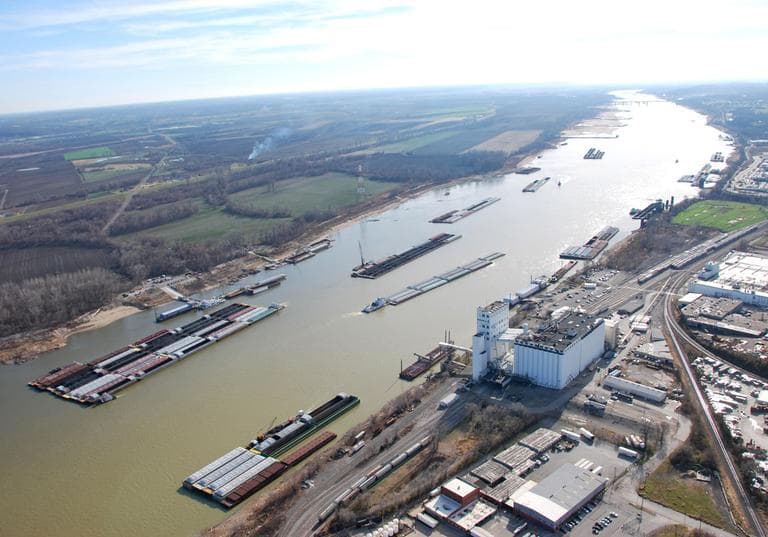 Barges passing in tight quarters due to low water levels as they navigate the Mississippi River near St. Louis in December 2012. (Colby Buchanan/United States Coast Guard/AP)