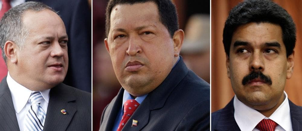 (L-R) Venezuela's National Assembly President Diosdado Cabello, President Hugo Chavez and Vice President Nicolas Maduro. Chavez is due to be sworn in for a new term on Jan. 10, 2013. Analysts have speculated that differences might emerge between factions led by Maduro, Chavez's chosen successor, and Cabello, who is thought to wield power within the military and who would be in line to temporarily assume the presidency until a new election can be held. (Ariana Cubillos, Natacha Pisarenko/AP)