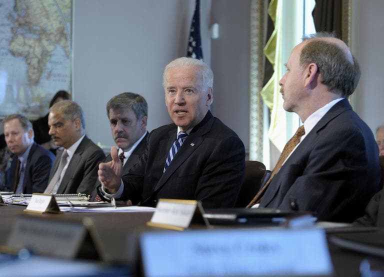 President Joe Biden, second from right, gestures as he speaks during a meeting with Sportsmen and Women and Wildlife Interest Groups and member of his cabinet, Thursday in the Eisenhower Executive Office Building on the White House complex in Washington. (Susan Walsh/AP)