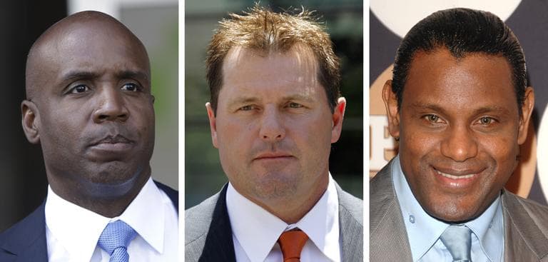 At left, in a June 2011 file photo, former San Francisco Giants baseball player Barry Bonds leaves federal court in San Francisco. At center, in July 2011, former Major League baseball pitcher Roger Clemens leaves federal court in Washington. At right in May 2009, former baseball player Sammy Sosa attends the People En Espanol &quot;50 Most Beautiful&quot; gala in New York. (AP)