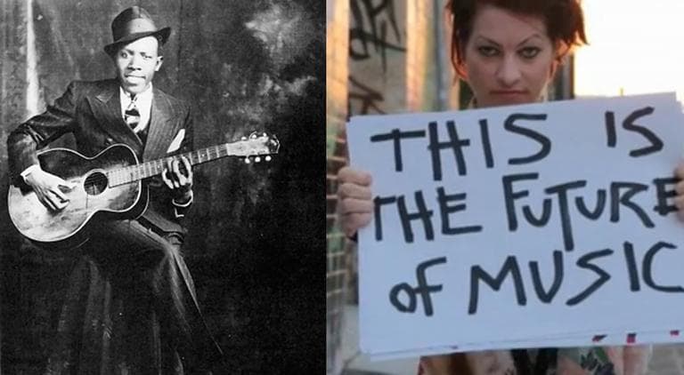 A longtime music critic is teaching the history of rock, from musicians like bluesman Robert Johnson back in the 1930s, to Amanda Palmer using Kickstarter and Twitter to reach fans. (Wikimedia Commons, Kickstarter screenshot)