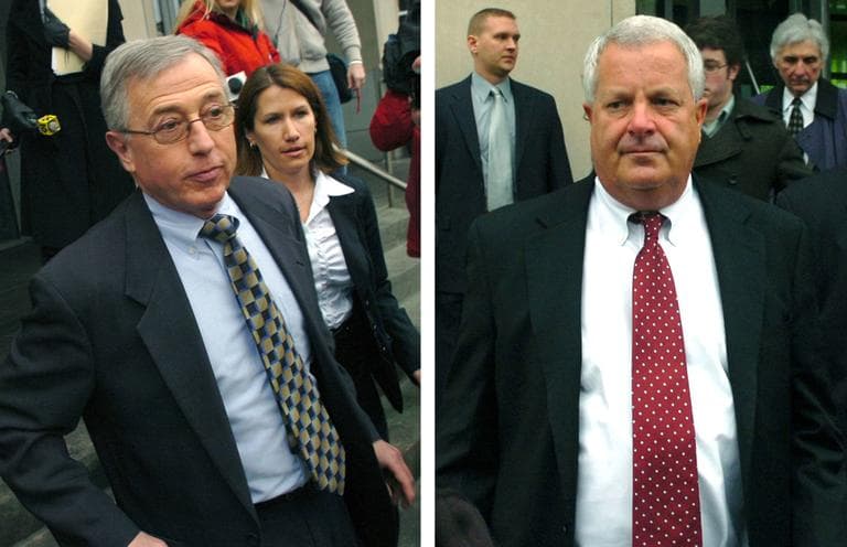 Former Luzerne County judges Mark Ciavarella (left) and Michael Conahan (right) were convicted in 2011 of taking millions of dollars in kickbacks to send youth offenders to for-profit detention facilities. They are both pictured leaving the federal courthouse in Scranton, Pa. in February 2009. (David Kidwell/AP)