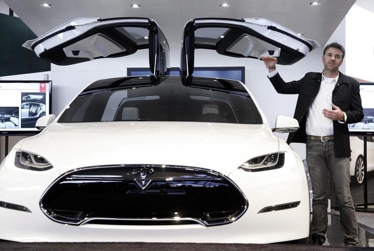 Franz von Holzhausen, Chief Designer, Tesla Motors, talks about the doors on the Tesla Model X on Tuesday at media previews for the North American International Auto Show in Detroit.  (AP Photo/Paul Sancya)