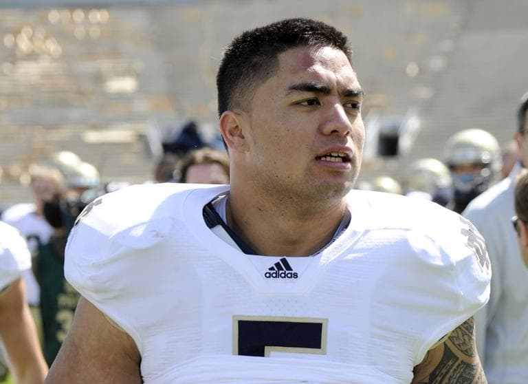 In this April 2012, photo, Notre Dame linebacker Manti Te'o appears at the Blue and Gold spring NCAA college football game in South Bend, Ind. (Joe Raymond/AP)