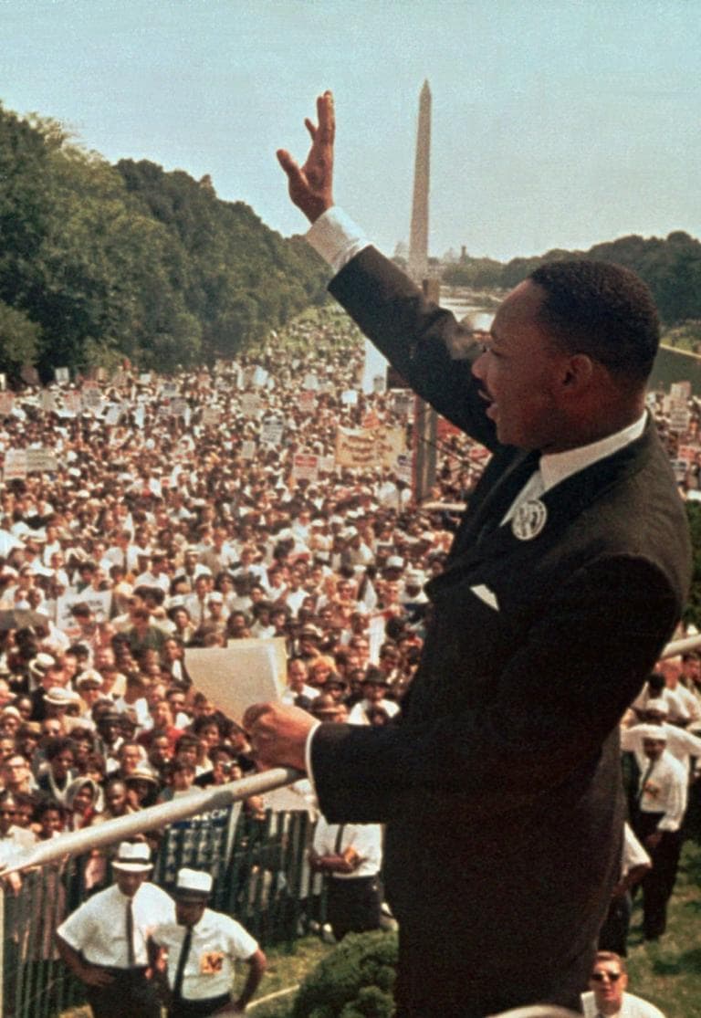 Dr. Martin Luther King Jr. acknowledges the crowd during the March on Washington, Aug. 28, 1963. (AP, File)