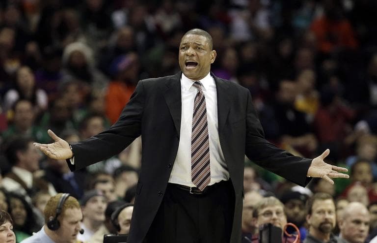 Celtics head coach Doc Rivers reacts during the second quarter of an NBA basketball game against the Cleveland Cavaliers on Tuesday. (AP/Tony Dejak)