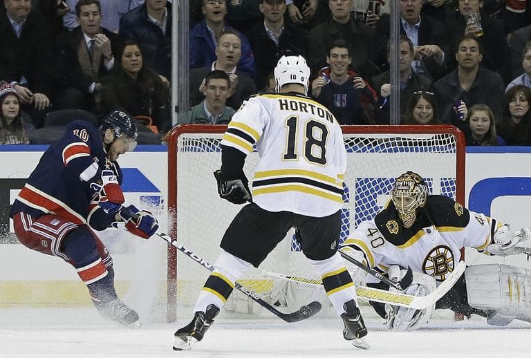 New York Rangers right wing Marian Gaborik (10) maneuvers the puck against Boston Bruins goalie Tuukka Rask (40) as Bruins right wing Nathan Horton (18) watches in the third period. (AP/Kathy Willens)