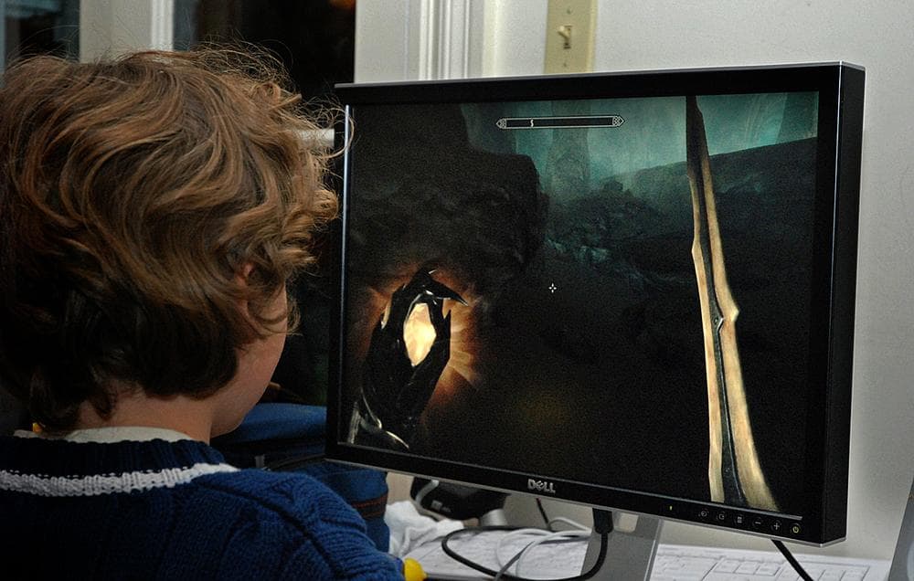 Carey's 8-year-old son Tully plays the game &quot;Skyrim&quot; on their family computer. (George Hicks/WBUR)