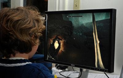 Carey’s 8-year-old son Tully plays the game “Skyrim” on their family computer. (George Hicks/WBUR)