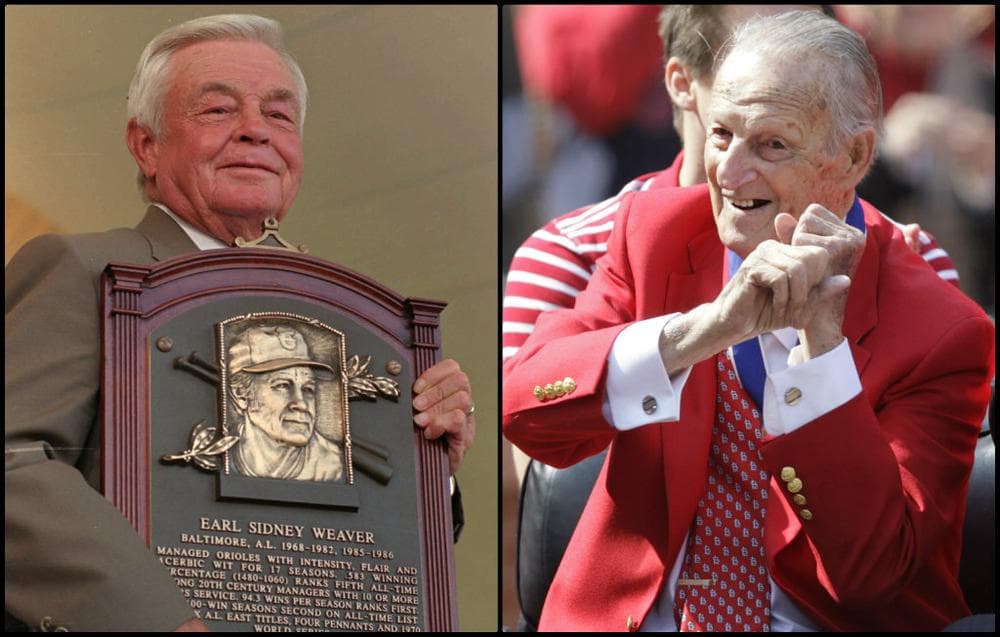 On the left, Earl Weaver celebrates his Hall of Fame induction in 1996. On the right, Stan Musial swings an imaginary bat before Cardinals' opening day in 2011. (AP)