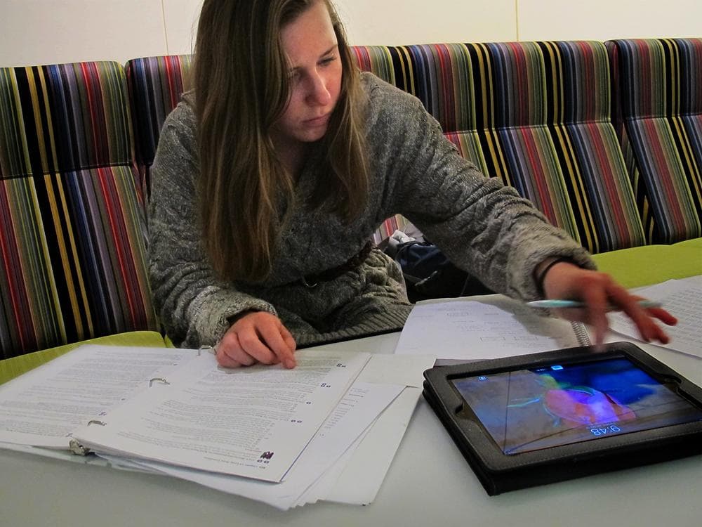 Stephanie Stanczyk tries to limit her multitasking, using her iPad only as a calculator while studying. (Curt Nickisch/WBUR)