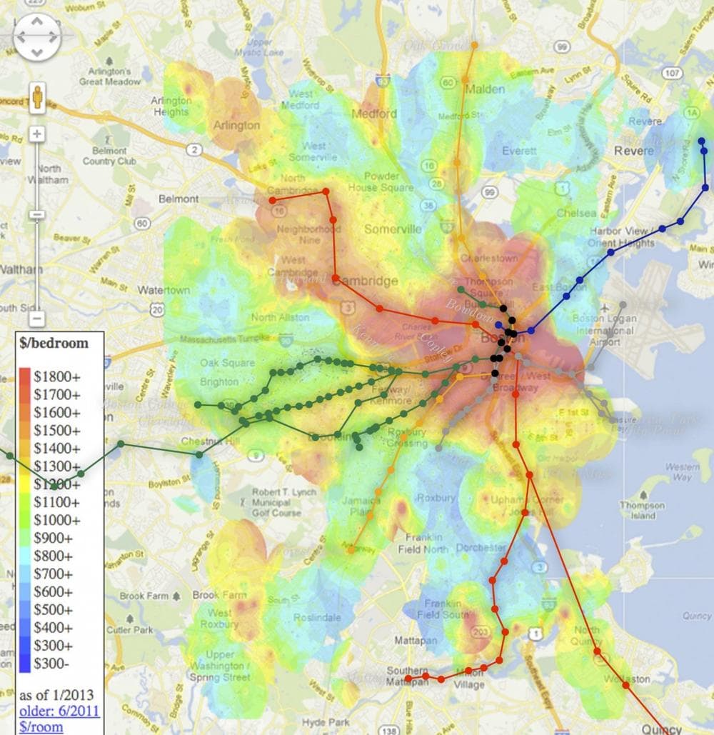 A heat map of Boston apartments by price per bedroom with MBTA overlay. 