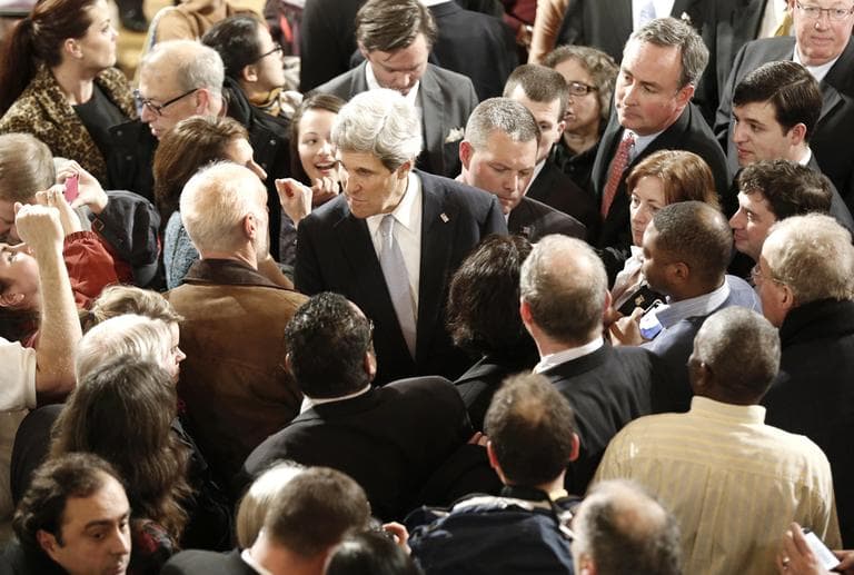 Sen. John Kerry greets constituents after his farewell speech at Faneuil Hall in Boston Thursday night. On Friday, he will step down from the office he has held for nearly three decades to become the next secretary of state. (Winslow Townson/AP)