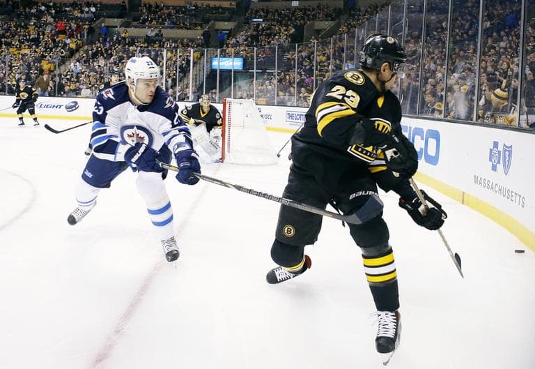 Boston Bruins' Chris Kelly, right, sends the puck behind the net next to Winnipeg Jets' Alexei Ponikarovsky, of Ukraine, during the first period of an NHL hockey game in Boston, Monday, Jan. 21, 2013. (AP Photo/Michael Dwyer)