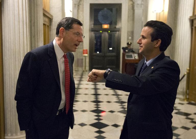 Sen. John Barrasso, left, R-Wyo., talks with Sen. Brian Schatz, D-Hawaii, who holds up his watch, near the Senate chambers after a vote on the fiscal cliff, on Capitol Hill Tuesday, Jan. 1, 2013 in Washington. (AP)