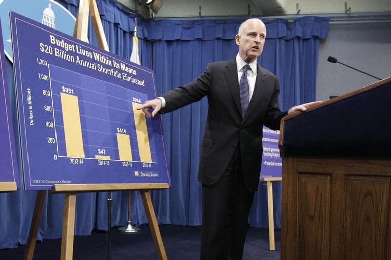 Gov. Jerry Brown points to a chart showing an increase in education funding in his proposed 2013-14 state budget. (AP)