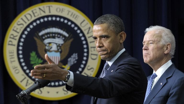President Barack Obama, accompanied by Vice President Joe Biden, gestures as he talks about proposals to reduce gun violence, Wednesday, Jan. 16, 2013. (AP)