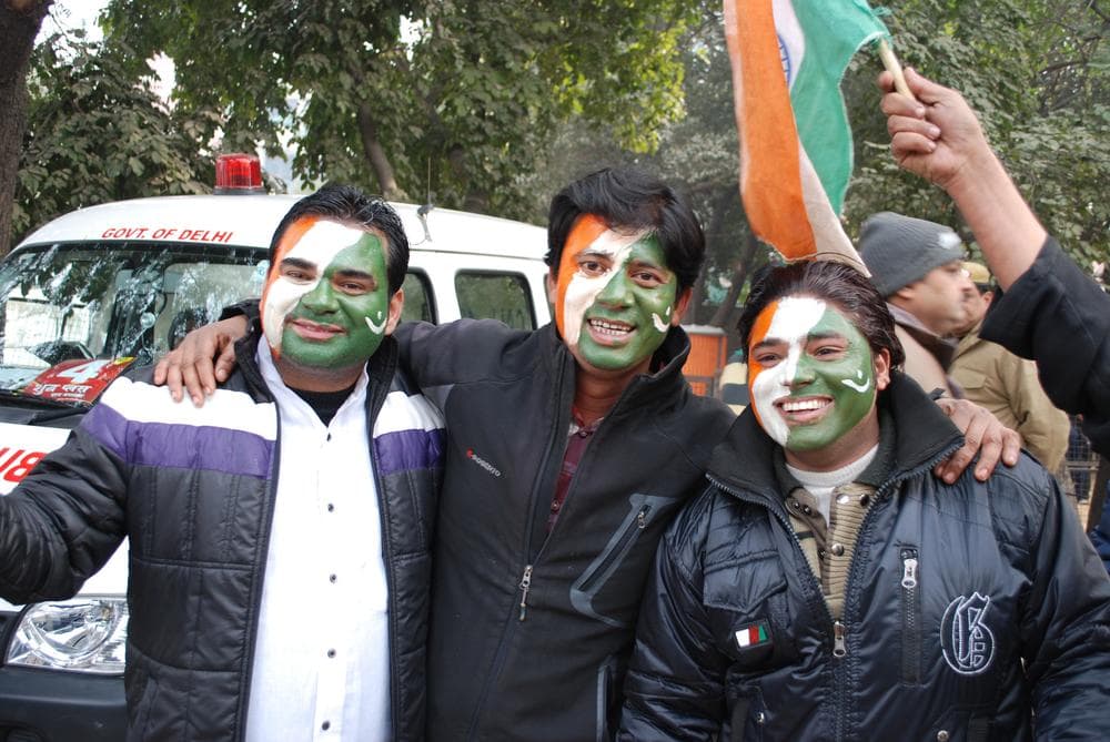 Fans in Delhi with India and Pakistani flags painted on their faces. (Ken Shulman/Only A Game) 